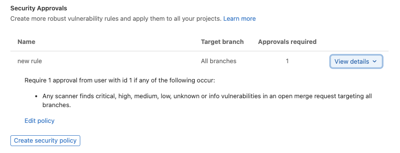 The Security Approvals section displaying a policy rule that requires one approval when a scanner finds vulnerabilities.