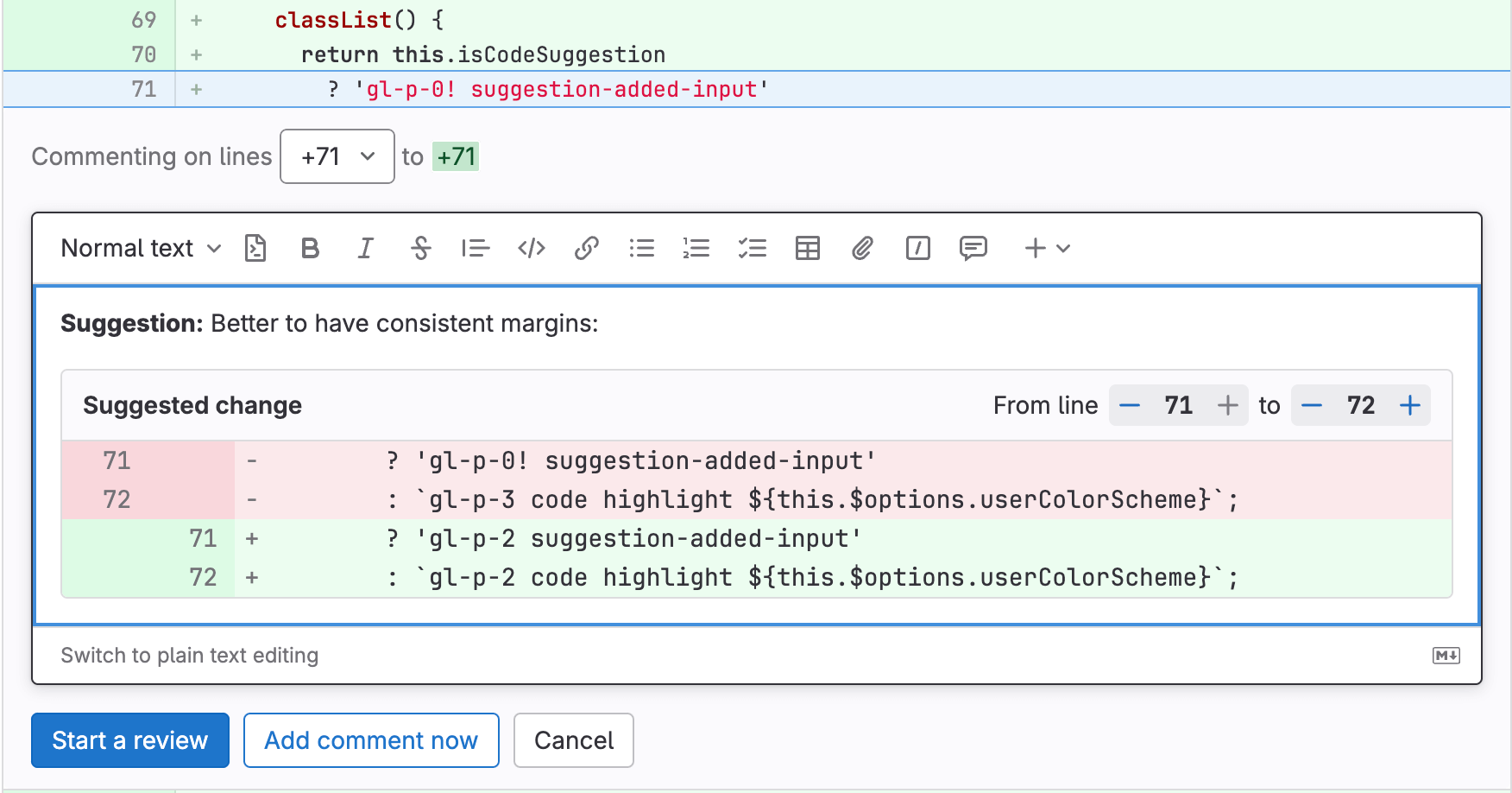 The rich text editor controls for adjusting the range of a multi-line suggestion.